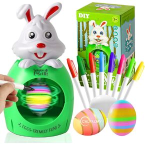 CALPALMY Easter Egg Decorator Kit - Eggs Painting Arts and Craft Set Includes Bunny Egg Decorating Spinner and 8 Colorful Quick Drying Non-Toxic Markers, 3 Plastic White Eggs