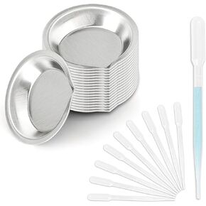 18 PCS Stainless Steel Painting Color Palette and10 Pcs 3ml Eyedroppers, Artist Watercolours Paint Mixing Palette Tray, Pigment Mixing Cups for DIY Art Craft Painting, Model Painting (Silvery)