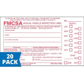 J. J. Keller 20-Pack, Vinyl Annual Vehicle Inspection Label with Punch Boxes, Red FMCSA Label, DOT Compliant