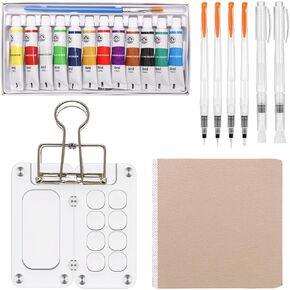 Paint Palette Travel Kit, Boyistar 22 Pcs Mini Travel Watercolor Set, 2.36’’ Acrylic Grid Paint Box for Painters Artists Students, with 12 Color Paints (Brown Acrylic Travel Watercolor)