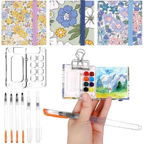 11 Pcs Mini Portable Watercolor Palette Set Travel Paint Palette Kit Pocket Watercolor Travel Set Clear Acrylic Grid Paint Box 3Pocket Watercolor Sketchbooks 6Artist Paint Brushes 1Binder Clip