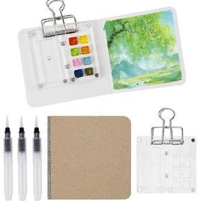 Pocket Artist Watercolor Travel Set,Mini Paint Kit Clear Acrylic Grid Paint Box 8 Grids with 3 Pieces Sketch Brush Pens,1 Binder Clips,1 Sketchbook