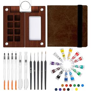 Mini Portable Watercolor Palette Travel kit 14pcs Pocket Artist Watercolor Travel Set with 12 Colours, Paintbrushes, Watercolor Pens, Wooden Paint Box for Painters Artists Students