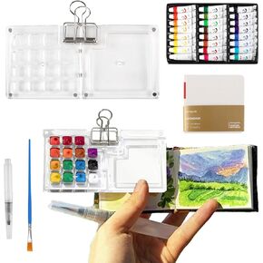 2025 New Pocket Artist Watercolor Travel Set 15 Grid Mini Watercolor Paint Set Paint Palette Travel Kit Include Brush and Sketchbook Mini Portable Watercolor Travel Set for Painters Artists(Acrylic)