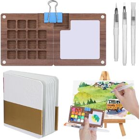 LINGSFIRE Mini Watercolor Palette, Portable Travel Watercolor Paint Set Paint Palette Wooden Watercolor Palette Including Paint Tray Sketchbook Binder Clips and Paint Brushes