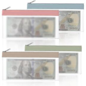 4 PCS Money Bags with Zipper, 8.3 x 4.1 In Clear Money Holder Envelopes Money Pouch Bank Deposit Coin Bags Check Cash Envelope Wallet Money Organizer for Collectors Office Supplies (4 Color)