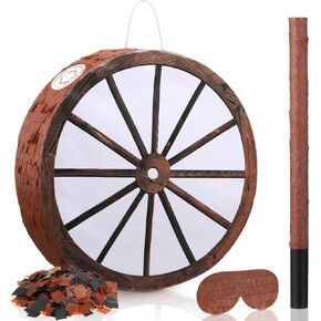 Cowboy Pinata 13 Inch Wagon Wheel Western Pinata with Stick Blindfold and Confetti Cowboy Country Themed Birthday Party Decorations Supplies for Boys Adults Rodeos Events Gatherings