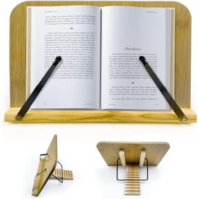 Book Stand for Reading,Wooden Book Holders for Reading Hands Free,Adjustable Laptop and Cookbook Stand with Elastic Page Clips,11x7.8 Inch Size