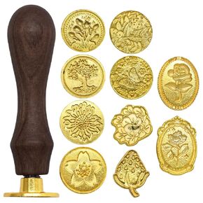 Wax Seal Stamp Kit, 10 Pcs Wax Seal Stamp Heads with a Wooden Handle for Wedding Invitations, DIY Crafts, Envelopes, Greeting Cards and Gift Decoration