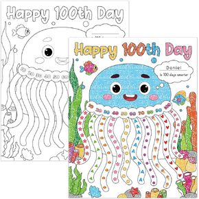 Chunnin 40 Pcs Happy 100th Day of School Coloring Posters 100 Days of School Fun DIY Jellyfish Coloring Poster to Fill in for Kids Students Jellyfish Coloring Posters for School Classroom Supplies