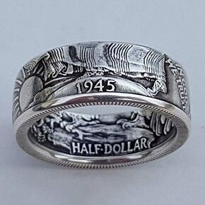 Silver Morgan Dollar Coin Ring 1945 Morgan Dollar Ring - Morgan Silver Dollar Coin Design Ring - Coin Ring Men National Emblem Engraved Signet Rings for Men Women One Dollar Coin Rings Size 7
