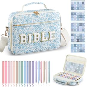 Large 12'' x 9'' x 2.5" Chenille Letter Bible Cover for Women with Tabs 6 Colored Pens 12 Highlighters Book Case Bible Bag with Shoulder Strap Handle Christian Church Gifts(Blue,Floral)