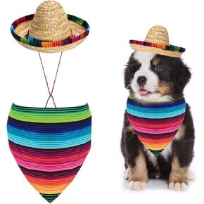 Fumwase Multicolor Sombrero Hats Straw Mexican Small Pets Costume Dog Bandana Costume for Mexican Halloween Christmas