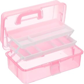 YOKIVE Art Supply Storage Organizer, Art Tool Storage Box 3-Tray Craft Box Art Supplies Organizer with Handle Buckle for Brushes Paints Stamps, Pink