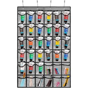 TEMUORG Hanging Acrylic Paint Tubes Organizer Over The Door Art Supplies Storage Markers 36 Pocket Holder for Pastels Crayons Brushes Tools (Grey)