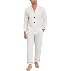 CF Mens Pajamas Set 100% Cotton Sleepwear Button Down Pj Sets Long Sleeve Lounge Set Soft Nightwear with Pockets & Front Fly
