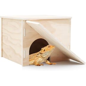 Large Bearded Dragon Hide Cave, Wooden Lizard Hideout with Climbing Ramp, Reptile Habitat with Basking Platform, Tank Accessories for Bearded Dragon Lizard Chameleon Hamster 11.3 x 9.1 x 7.1 Inch
