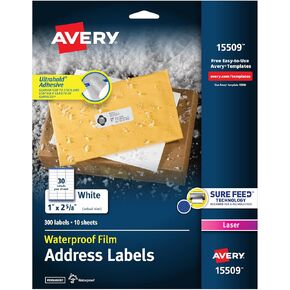 Avery Waterproof Printable Address Labels with Sure Feed, 1" x 2-5/8", White, Ultrahold Permanent Adhesive, Laser Printers, 300 Blank Mailing Labels, Great for Mailing, Branding, and More (15509)