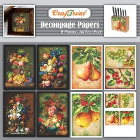 CrafTreat Fruit Decoupage Paper for Crafts - Painted Bouquets and Fruits - Size: A4 (8.3 x 11.7 Inch) 8 Pcs - Apple Decoupage Paper for Scrapbooking - Flower Decoupage Paper for Furniture