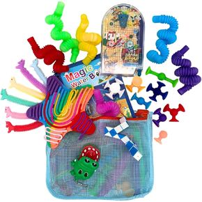 Travel Fidget Toy Set for Kids 26Pcs Sensory Kit for Stress Relief Creativity Mess Free Screen Free Play Includes Beach Bag for Storage Perfect for Stocking Stuffers Airplanes Road Trips Birthday Gift