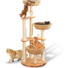 54" Modern Cat Tree Tower for Indoor Cats, Oak Cat Scratching Tree for Multiple Large Cats, Manual Hand Woven Luxury Cat Condo, Unique High-end Design Cat Furniture Activity Centre, Easy Clean