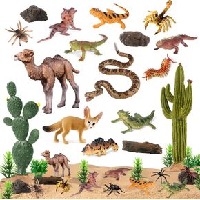 SIENON 32Pcs Desert Animal Figurines Set Model Trees Cactus Kit Desert Diorama Project with Camel Fennec Fox Rattlesnake Scorpion Lizard Reptile Toy Playset for Kids Birthday Cake Toppers Party Décor