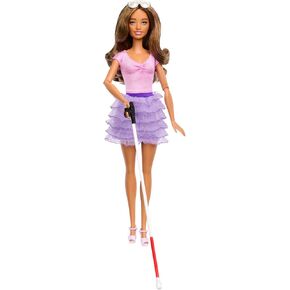 Barbie Fashionistas Doll #228, Blind Doll Wearing Pink Top and Ruffled Skirt with Cane and Sunglasses in Partnership with The American Foundation for The Blind