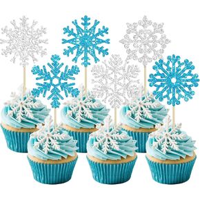 24pcs ثلج ثلج كب كيك أعلى الأقطار الزرقاء الفضة اللمعان الشتاء الثلج كب كيك يختار القبعات الكعكة المجمدة للاستحمام الطفل عيد ميلاد عيد ميلاد ديكورات الكعكة لوازم اللوازم