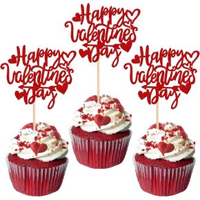 Rsstarxi 24 Pack Happy Valentine's Day Cupcake Toppers Red Glitter Sweet Love Cupcake Food Picks Valentine Cupcake Topper for Happy Valentine's Day Birthday Party Cake Decorations Supplies
