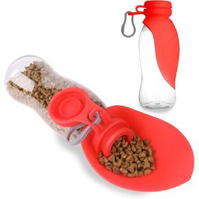 Flexzion Portable Dog Pet Food Water Dispenser Bottle 500ML/17oz - Compact Expandable Silicone Travel Drinking Feeder Bowl with Flip-up Tray & Hanging Buckle Accessory for Cat Puppy Outdoor (Red)