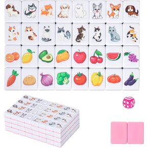 GRACIAS 4 Players Mahjong Block Set, 128 Pink Tiles(1.18") with Animal and Food Pattern, Portable Mahjong Set with A Carry Bag, Mahjong Tile Game