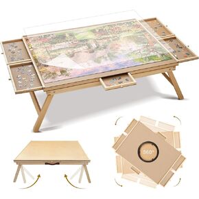 1500 Piece Wooden Puzzle Board with 6 Drawers, Cover and Legs, 27"x35" Rotating Adjustable Jigsaw Puzzle Table for Adults, Portable & Folding Puzzle Accessories for Birthday Gift
