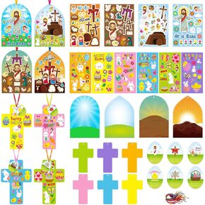 Prewplam 60Pcs Jesus Sticker Craft Kits for Kids, Religious Easter DIY Jesus Stickers Christian Stickers, Classroom Party Religious Spring Easter Activity