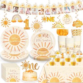 cocomigo Boho First Trip Around The Sun Decorations, with Cake Topper, 25 Serves Sunshine Disposable Tableware Set, Banner Plates Napkins Cup Table Cloth, for 1st Trip Around The Sun Birthday Girl