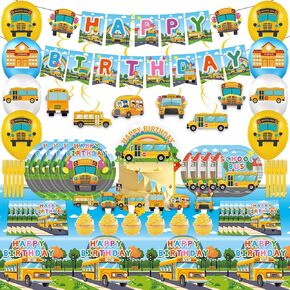 School Bus Birthday Party Supplies,Back to School Decorations School Bus Themed & Tableware Set,Includes Banner,Plates,Napkins,Fork and School Bus Tablecloth for Kindergarten Parties Decorations