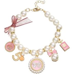 Pink Dog Pearl Collars Pet Pearl Necklace Dog Princess Bow Necklace Sweet Bow Cute Collar Puppy Accessories Cat Jewelry Pearl Neck Strap Basic Collars for Dog Cat Adjustable Dog Jewelry Collars(S)