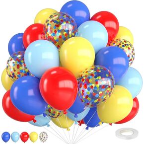 Red Blue Yellow Balloons,12 Inch Maca Blue Navy Blue Red Yellow Balloons and Colorful Confetti Balloons with Ribbon,for Birthday Baby Shower Toy Inspired Story Carnival Theme Party Decorations