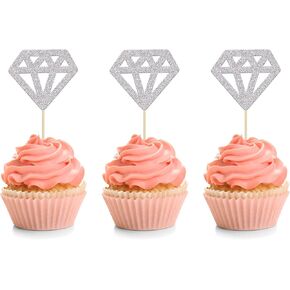 24Pcs Diamond Ring Cupcake Toppers Silver Glitter Diamond Wedding Ring Cupcake Picks for Marriage Engagement Anniversary Valentines Party Cake Decorations Supplies