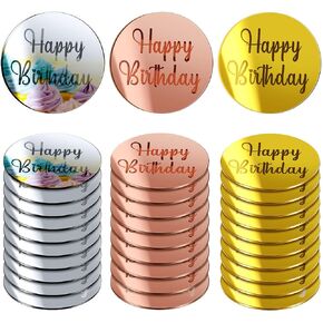 30 PCS Acrylic Cupcake Topcake Toppers Happy Birthday Cake Disc Mirror Acrylic Cake Topper محفورة على الكعكة الشخصية Topper Mini Acrylic Cake Charm Decortings Custic Cake Decorities (Round)