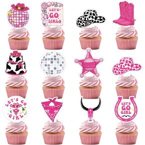 36PCS Cowgirl Cake Cupcake Toppers Let's Go Girls Party Decor Pink Disco Western Rodeo Birthday Bachelorette Decorations