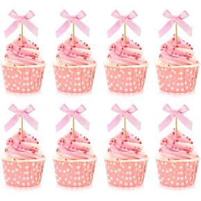 30 Pcs Pink Bow Cupcake Toppers Bow Themed Party Decorations Baby Shower Cupcake Picks for Bridal Baby Shower Girls Birthday Wedding Party Cake Decorations (pink)