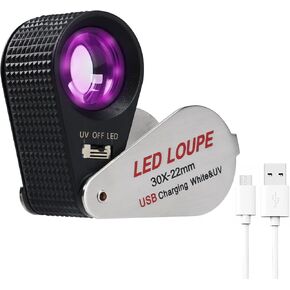 30X Jewelers Loupe Rechargeable Mgnifier with LED&UV Light, Loupe Foldable 22mm Glass Lens Jewelry Loop Magnifier, Illuminated Jewelers Loop for Gems, Stamps,Coins,Watches