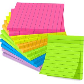 (12 Pads) Lined Sticky Notes 4x4 in Post, 6 Bright Colors with Lines Self-Stick Note Pads it, Strong Adhesive
