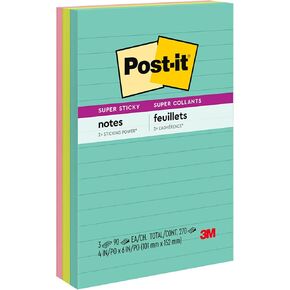 Post-it Super Sticky Lined Notes, 3 Sticky Note Pads, 4 x 6 in., School Supplies for Students, Ideal for Textbooks, Notebooks, Walls and Vertical Surfaces, Supernova Neons Collection