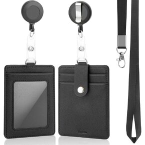 PU Leather Badge Holder with Lanyard, Black Lanyard with Retractable Reel Clips, Multiple Card Slots with Leather Snap, ID Badge Holder for Office Staff Doctor Teacher