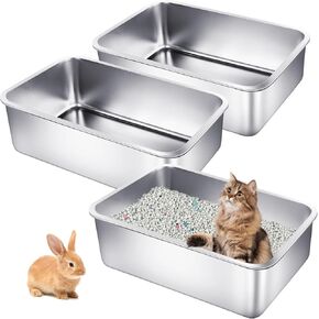 3 Pack Stainless Steel Cat Litter Boxes 23.6"L x 15.7"W x 5.9"H Extra Large Metal Litter Boxes with High Side Sturdy Aluminum Cat Litter Pans for Pet No Smell, Non Stick, Easy to Clean (XL)