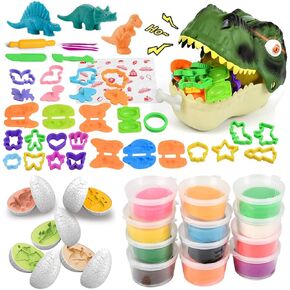 Dough Play Tools for Kids, 55PCS Dinosaur Clay Molds, Sliding dinosaur storage box with realistic dinosaur sounds and lights, Play Clay Shape Molds, Dough Set Toy for Boys Girls Age 3 4 5 6 7 8.