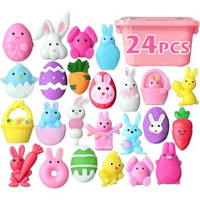 24PCS Easter Squishies for Plastic Egg Fillers, Easter Mochi Squishy Toys for Eggs Hunt Games, Fidget Toys for Kids, Toddlers & Teens, Gifts, Basket Stuffers, Classroom Prizes