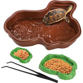 ZENFUN 4 PCS Tortoise Water Bowl with Ramp, Tortoise Water Food Dish with Tweezers, Turtle Bathing Pool, Reptile Water Dish, Tortoise Pool, Large Soaking Dish Box Turtle Habitat Accessories