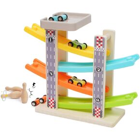 Wooden Car Ramp Toys Race Track Zig Zag Car Slide Toddler Montessori Toys Click Clack Race Track Bowling Game Gifts Wooden Car Toy Garage with 4 Mini Cars 3 Bowlings for 1 2 3 4 5 Year Old Boys Girls